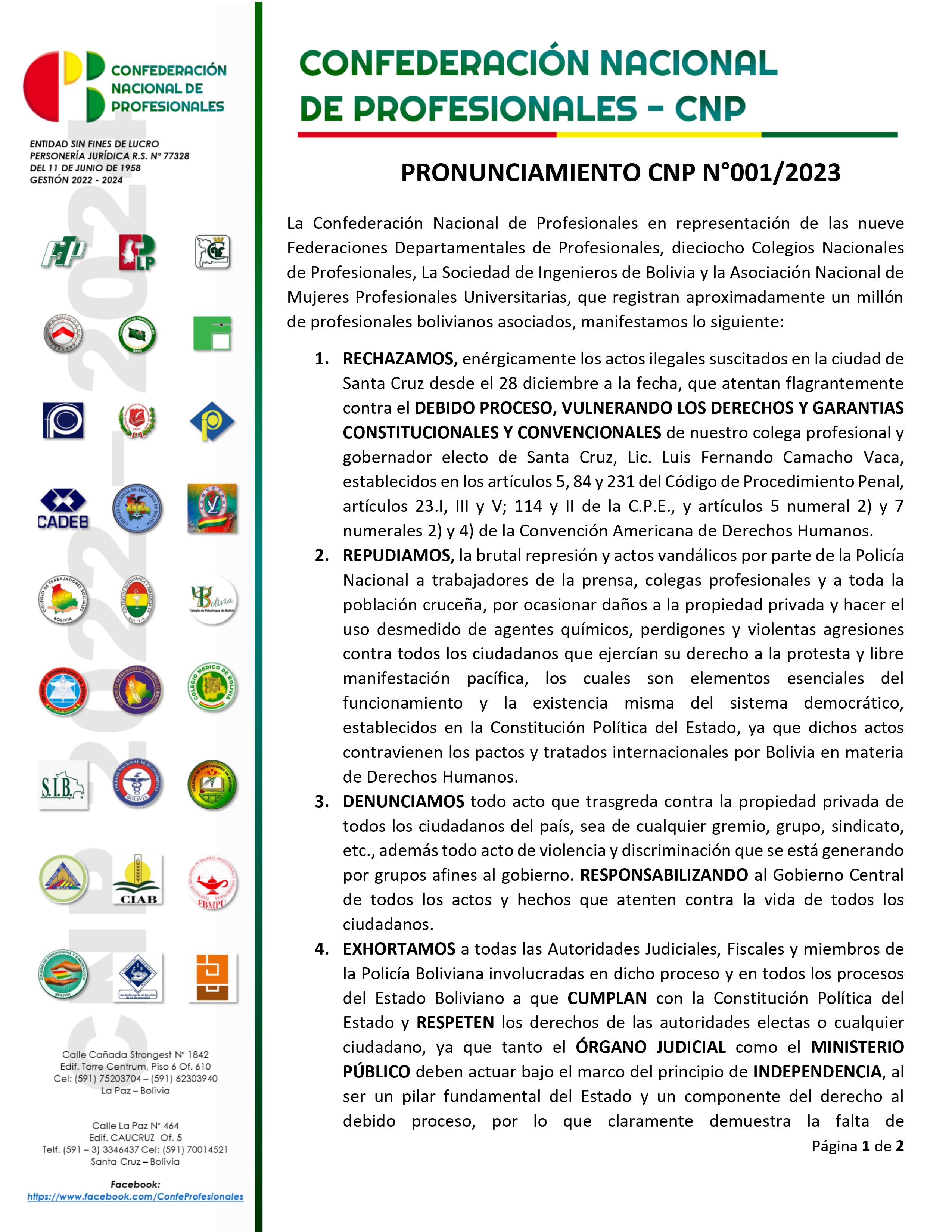 Pronunciamiento CNP N 001 2023 Coyuntura Política y Social de Bolivia 04 01 2023 1 1